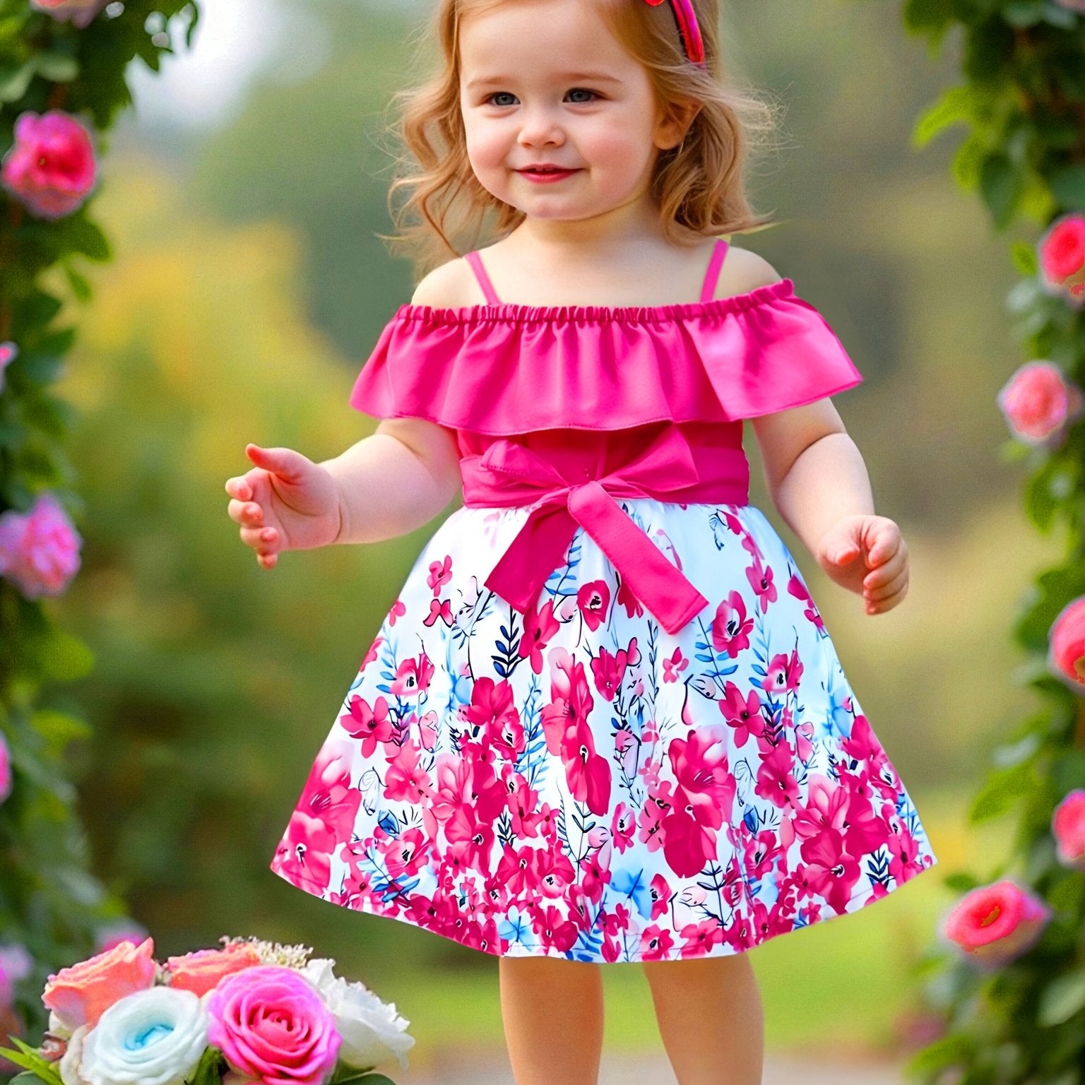 Summer Dress for Girls 0-3 Years Old - Cute Floral Print Off-the-Shoulder with Belt Design, Non-Stretch Fabric, Regular Fit, Playwear