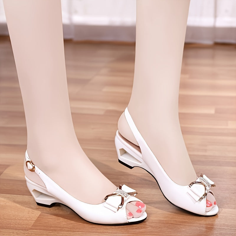 Women's Fashion Mid-Heel Open Toe Slingback Sandals Summer Bowknot Chunky Heel Casual White Shoes
