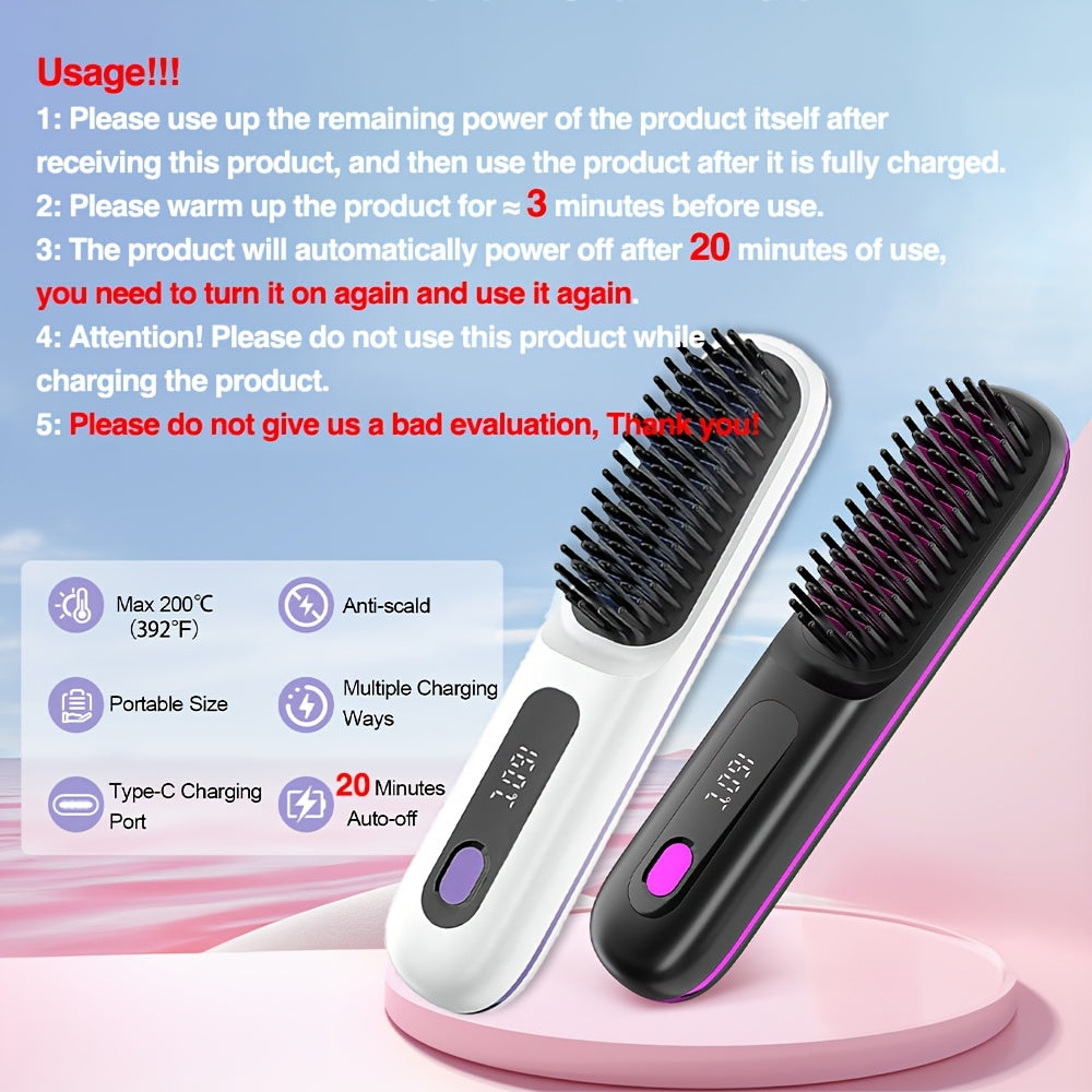 [Cordless Hair Straightener] Rapid Heating Cordless Hair Straightener Brush, Lightweight Hot Comb for Women | Type-C Charging Port, Anti-Scald, USB Rechargeable