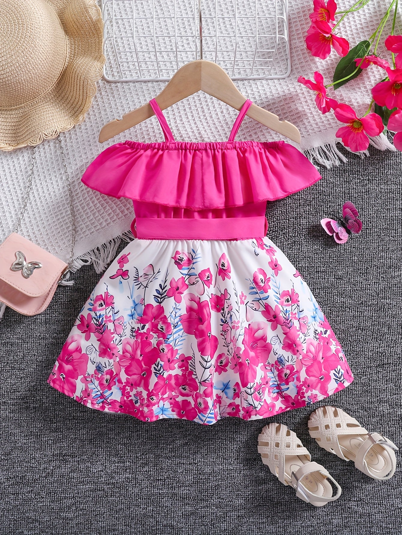 Summer Dress for Girls 0-3 Years Old - Cute Floral Print Off-the-Shoulder with Belt Design, Non-Stretch Fabric, Regular Fit, Playwear