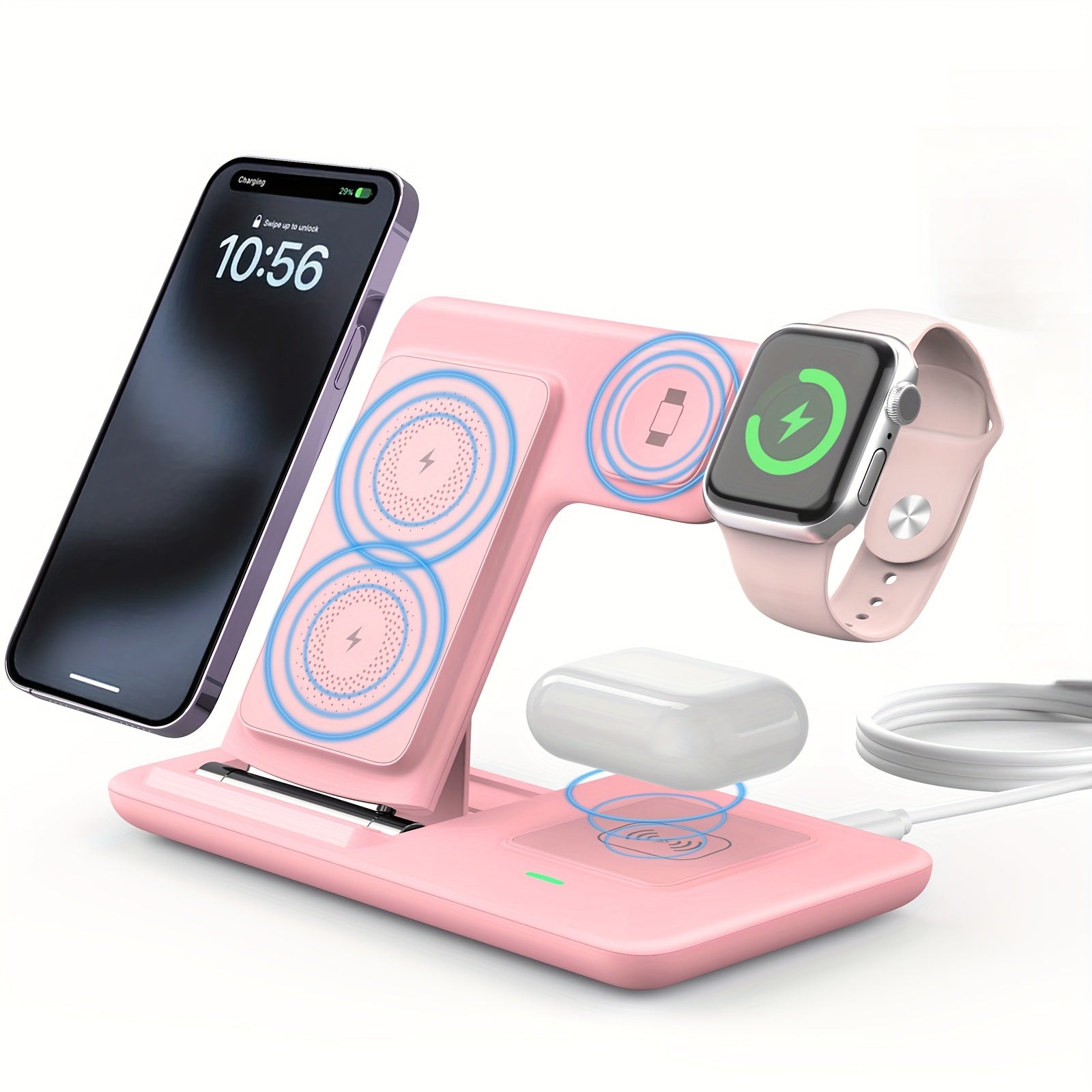 3-in-1 Wireless Charging Station for iPhone 15/14/13/12/11/Pro/Max/Mini/Plus, X, XR, XS/Max, SE, 8/Plus, for iWatch 1-9 & for AirPods 3/2/Pro, Magnetic USB Charger with Adjustable Stand, Compact Design, No Battery Needed, Com