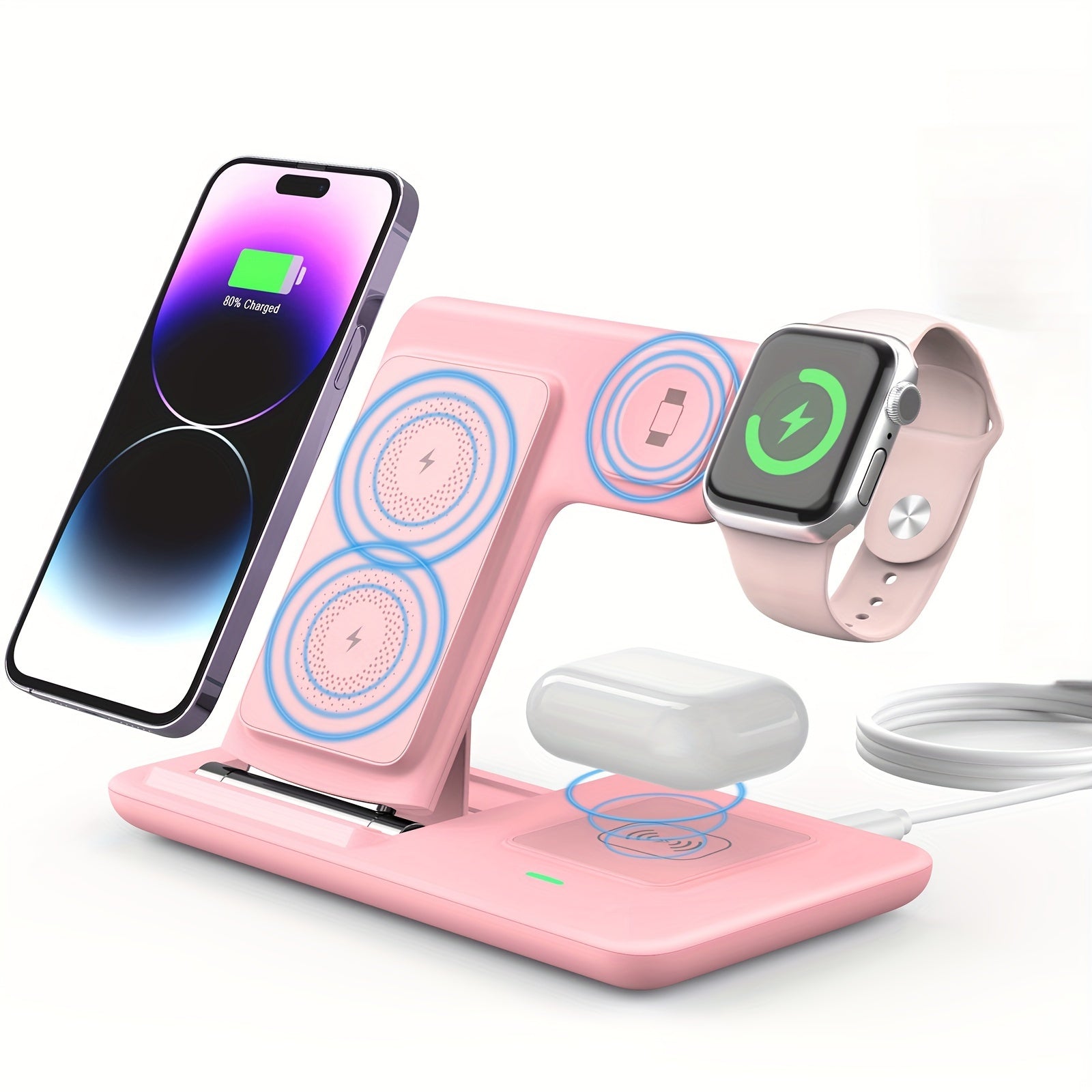 3-in-1 Wireless Charging Station for iPhone 15/14/13/12/11/Pro/Max/Mini/Plus, X, XR, XS/Max, SE, 8/Plus, for iWatch 1-9 & for AirPods 3/2/Pro, Magnetic USB Charger with Adjustable Stand, Compact Design, No Battery Needed, Com