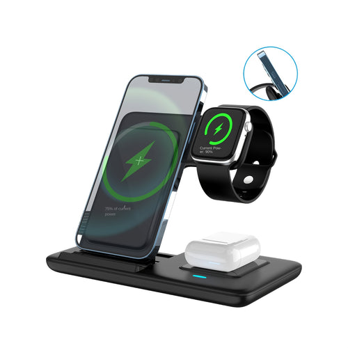 3-in-1 Wireless Charging Station for iPhone 15/14/13/12/11/Pro/Max/Mini/Plus, X, XR, XS/Max, SE, 8/Plus, for iWatch 1-9 & for AirPods 3/2/Pro, Magnetic USB Charger with Adjustable Stand, Compact Design, No Battery Needed, Com