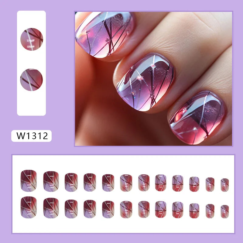 Leopard Orchid 24 Pcs Press on Nails Pink Gradient Fake Nails Glossy Artificial Finger Manicure Reusable False Nails for Women