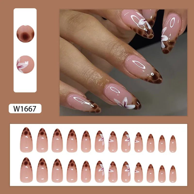 Leopard Orchid 24 Pcs Press on Nails Pink Gradient Fake Nails Glossy Artificial Finger Manicure Reusable False Nails for Women