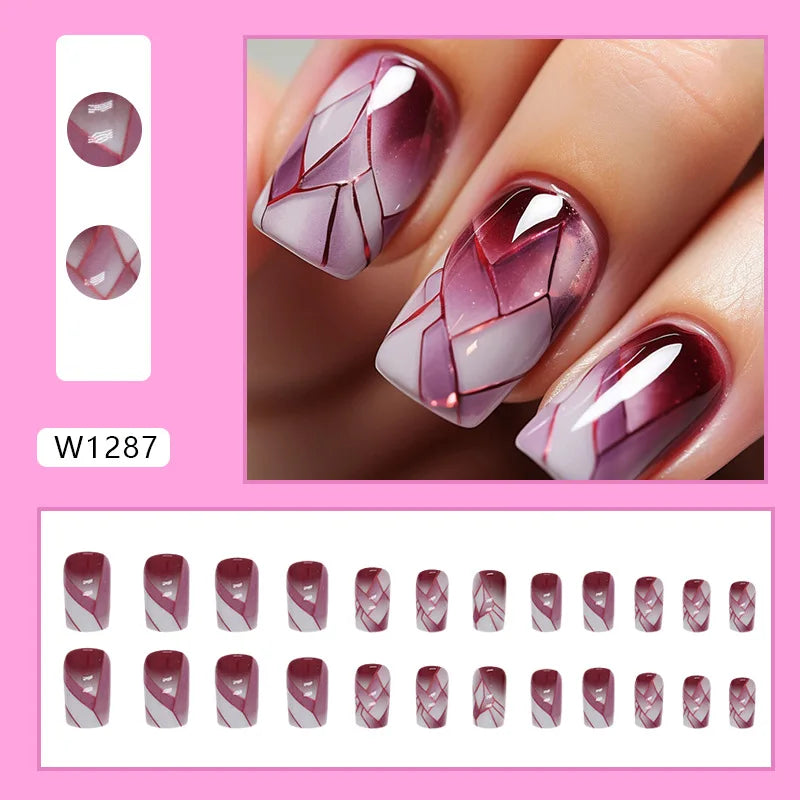 Leopard Orchid 24 Pcs Press on Nails Pink Gradient Fake Nails Glossy Artificial Finger Manicure Reusable False Nails for Women