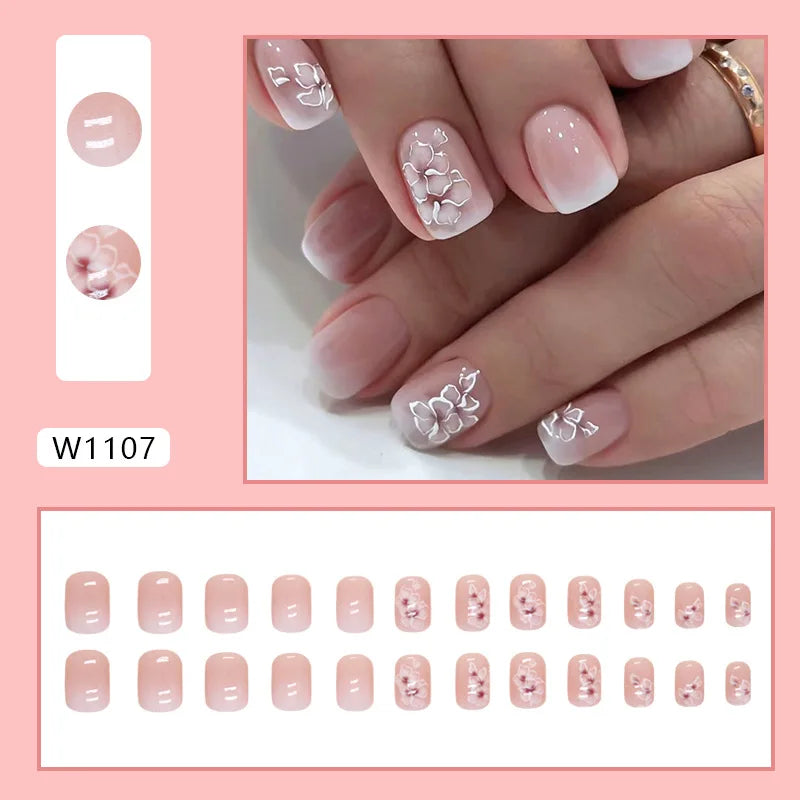 Leopard Orchid 24 Pcs Press on Nails Pink Gradient Fake Nails Glossy Artificial Finger Manicure Reusable False Nails for Women