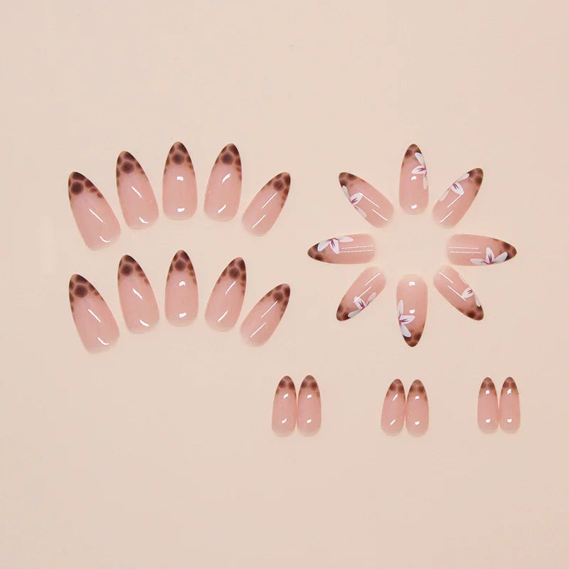 Leopard Orchid 24 Pcs Press on Nails Pink Gradient Fake Nails Glossy Artificial Finger Manicure Reusable False Nails for Women