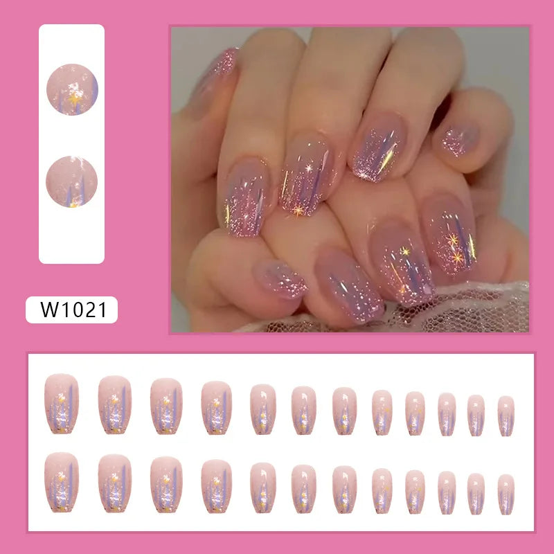 Leopard Orchid 24 Pcs Press on Nails Pink Gradient Fake Nails Glossy Artificial Finger Manicure Reusable False Nails for Women