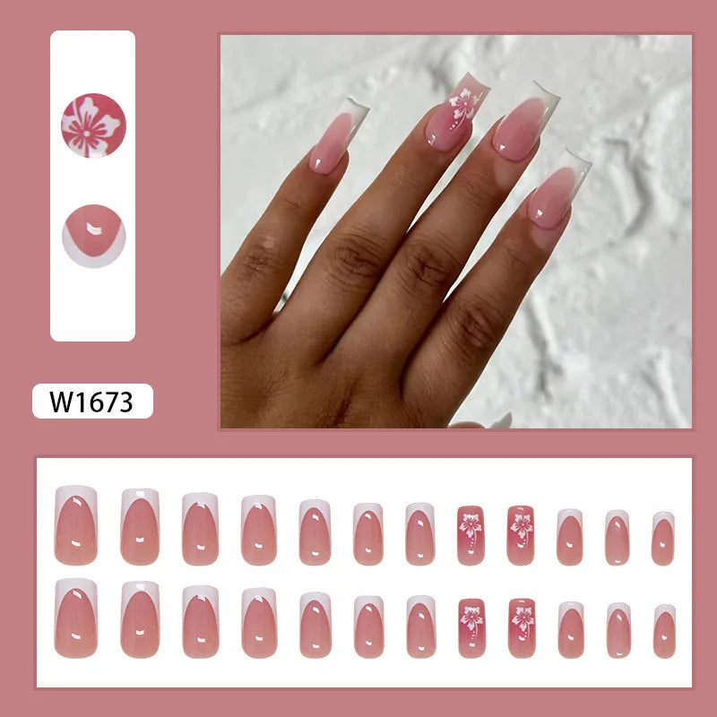 Leopard Orchid 24 Pcs Press on Nails Pink Gradient Fake Nails Glossy Artificial Finger Manicure Reusable False Nails for Women