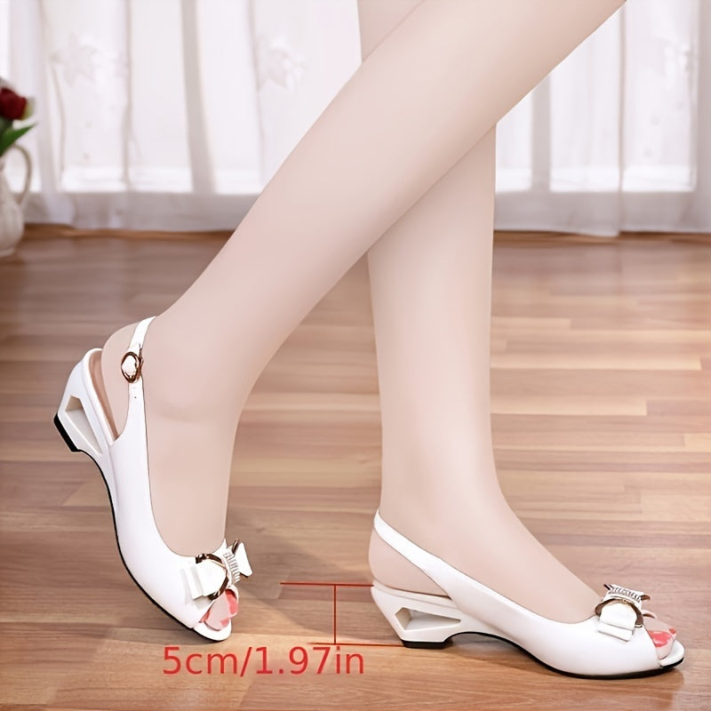 Women's Fashion Mid-Heel Open Toe Slingback Sandals Summer Bowknot Chunky Heel Casual White Shoes
