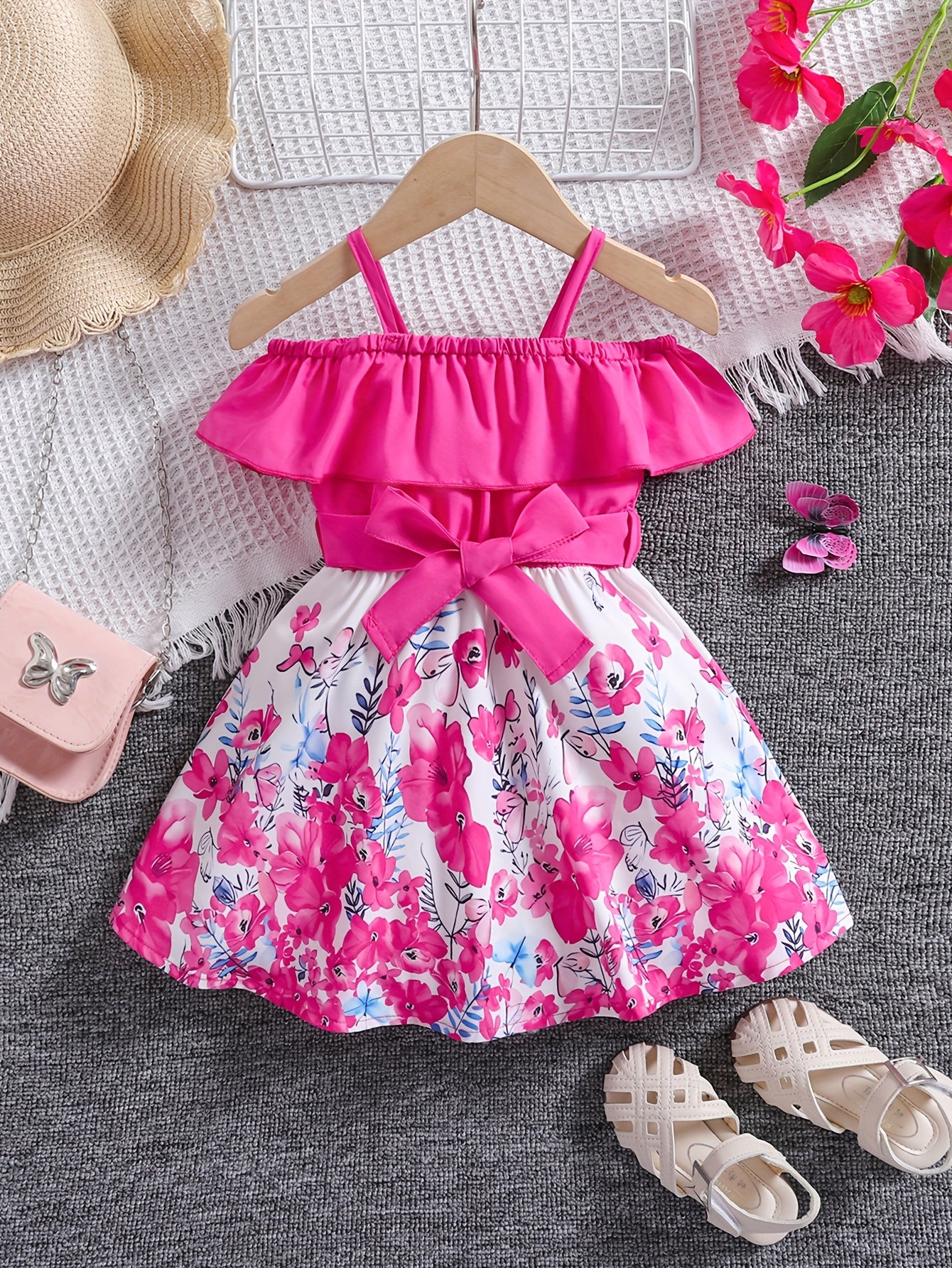Summer Dress for Girls 0-3 Years Old - Cute Floral Print Off-the-Shoulder with Belt Design, Non-Stretch Fabric, Regular Fit, Playwear