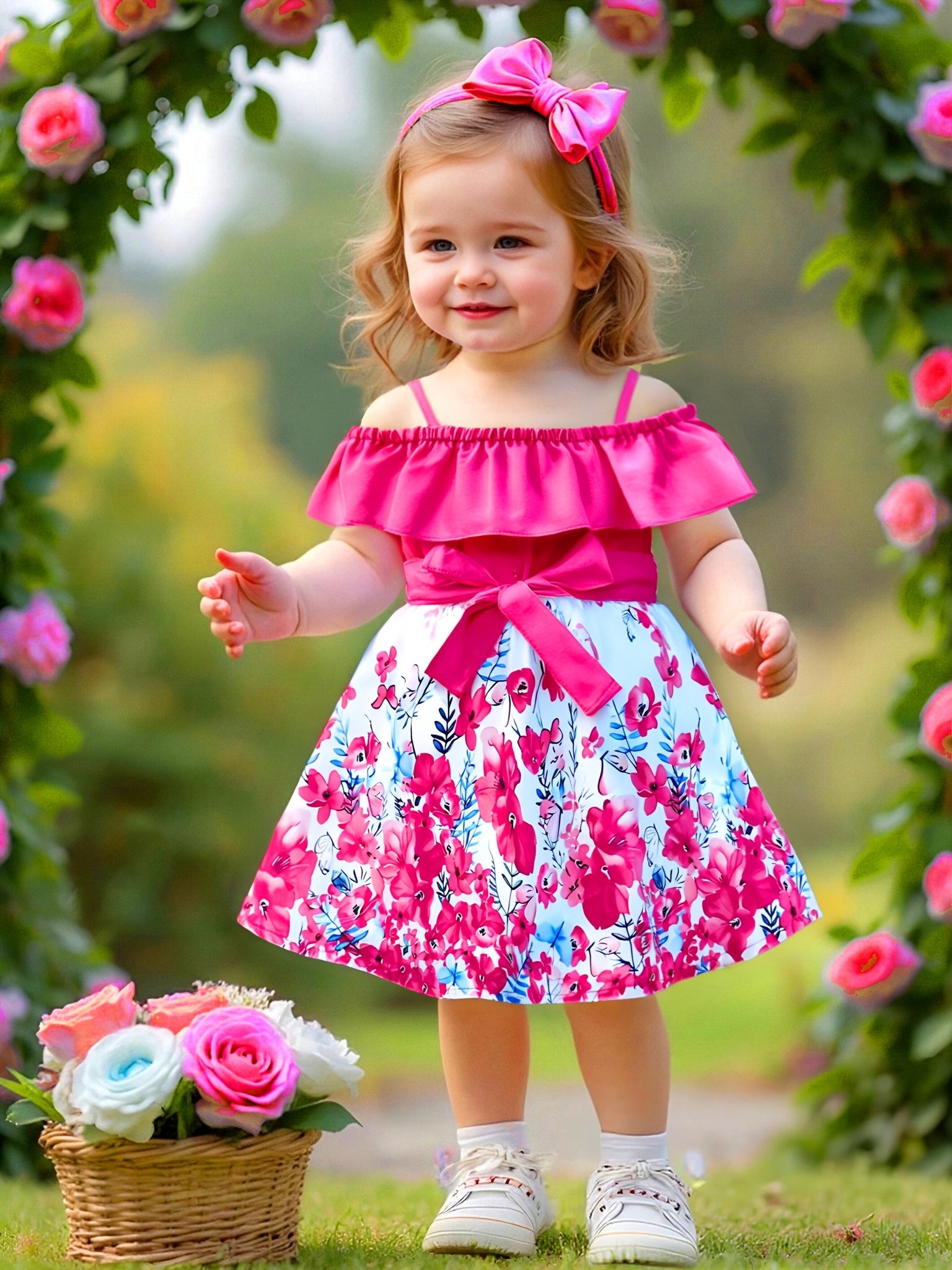 Summer Dress for Girls 0-3 Years Old - Cute Floral Print Off-the-Shoulder with Belt Design, Non-Stretch Fabric, Regular Fit, Playwear